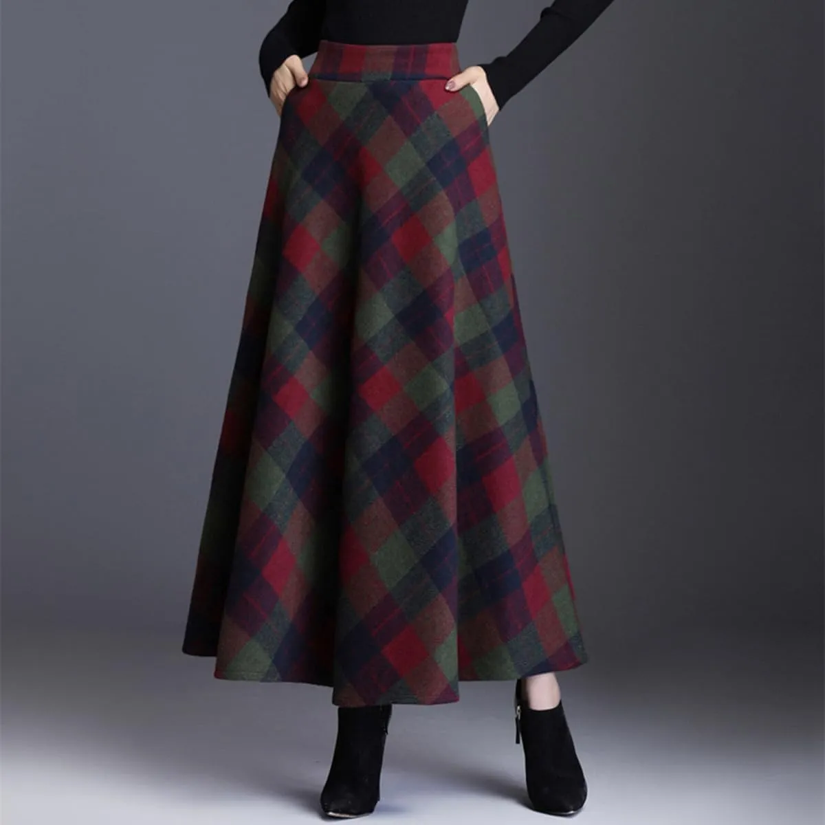 Womens Plaid Long Wool Skirt High Waist A-Line Pleated Maxi Skirt with Pockets