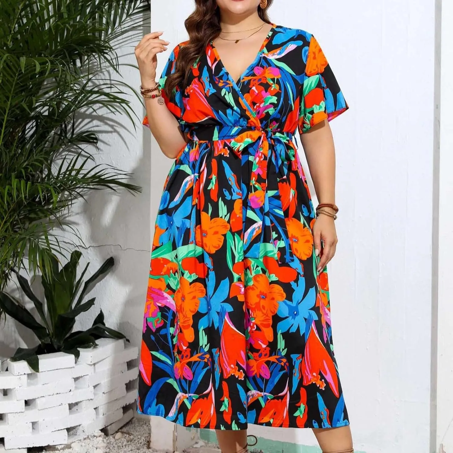 Womens Plus Size Casual Midi Dress Short Sleeves V-Neck High Waist Dress Summer Fashion Print Swing Party Dresses