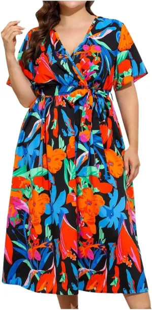 Womens Plus Size Casual Midi Dress Short Sleeves V-Neck High Waist Dress Summer Fashion Print Swing Party Dresses