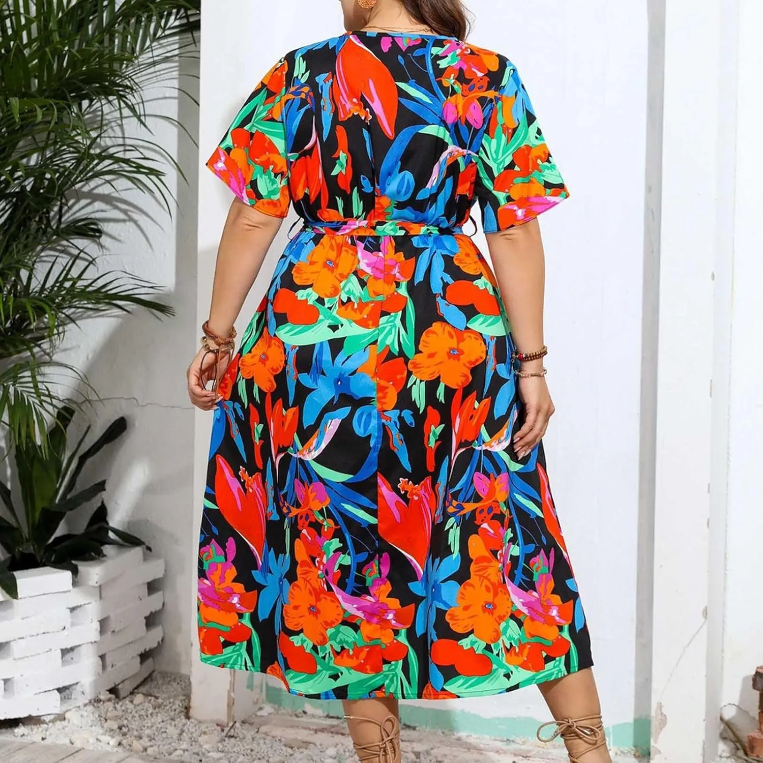 Womens Plus Size Casual Midi Dress Short Sleeves V-Neck High Waist Dress Summer Fashion Print Swing Party Dresses