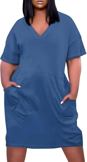 Women's Plus Size Dresses for Curvy Summer V Neck Short Sleeve Solid Midi Oversized T Shirt Dresses, L-5XL