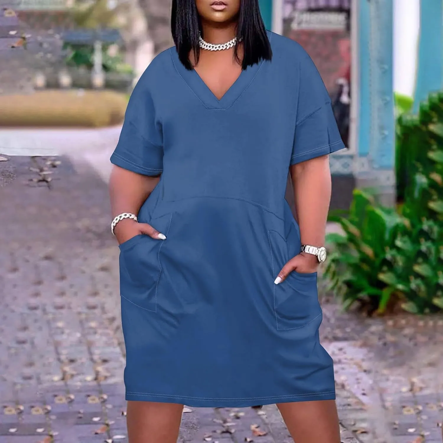 Women's Plus Size Dresses for Curvy Summer V Neck Short Sleeve Solid Midi Oversized T Shirt Dresses, L-5XL