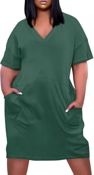 Women's Plus Size Dresses for Curvy Summer V Neck Short Sleeve Solid Midi Oversized T Shirt Dresses, L-5XL