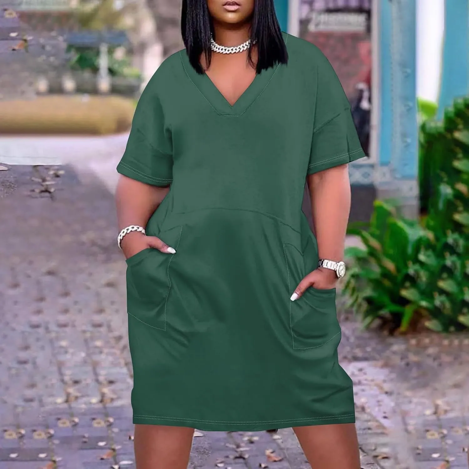 Women's Plus Size Dresses for Curvy Summer V Neck Short Sleeve Solid Midi Oversized T Shirt Dresses, L-5XL