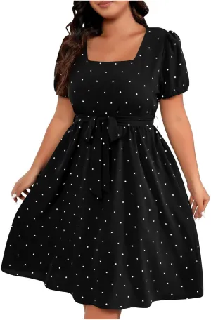 Womens Plus Size Short Puff Sleeve Dress Square Neck Belted Midi Dress High Waist Polka Dot Print Knee Length Dress