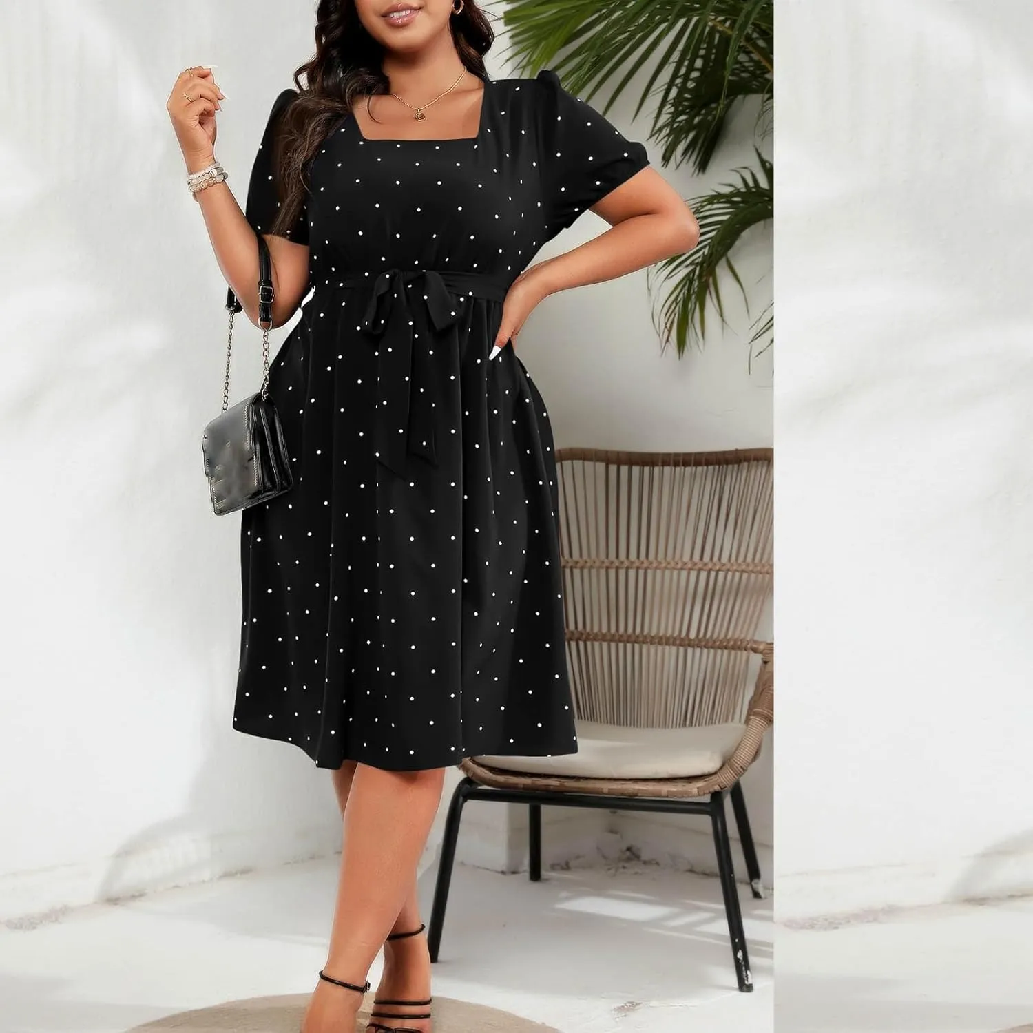 Womens Plus Size Short Puff Sleeve Dress Square Neck Belted Midi Dress High Waist Polka Dot Print Knee Length Dress