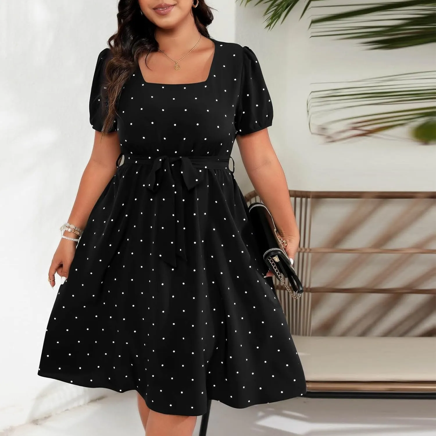 Womens Plus Size Short Puff Sleeve Dress Square Neck Belted Midi Dress High Waist Polka Dot Print Knee Length Dress