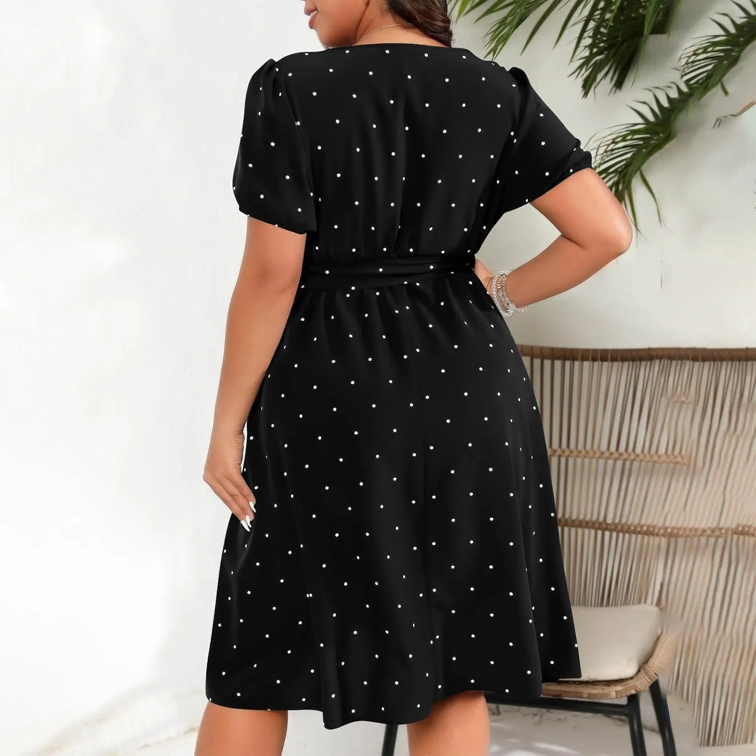 Womens Plus Size Short Puff Sleeve Dress Square Neck Belted Midi Dress High Waist Polka Dot Print Knee Length Dress
