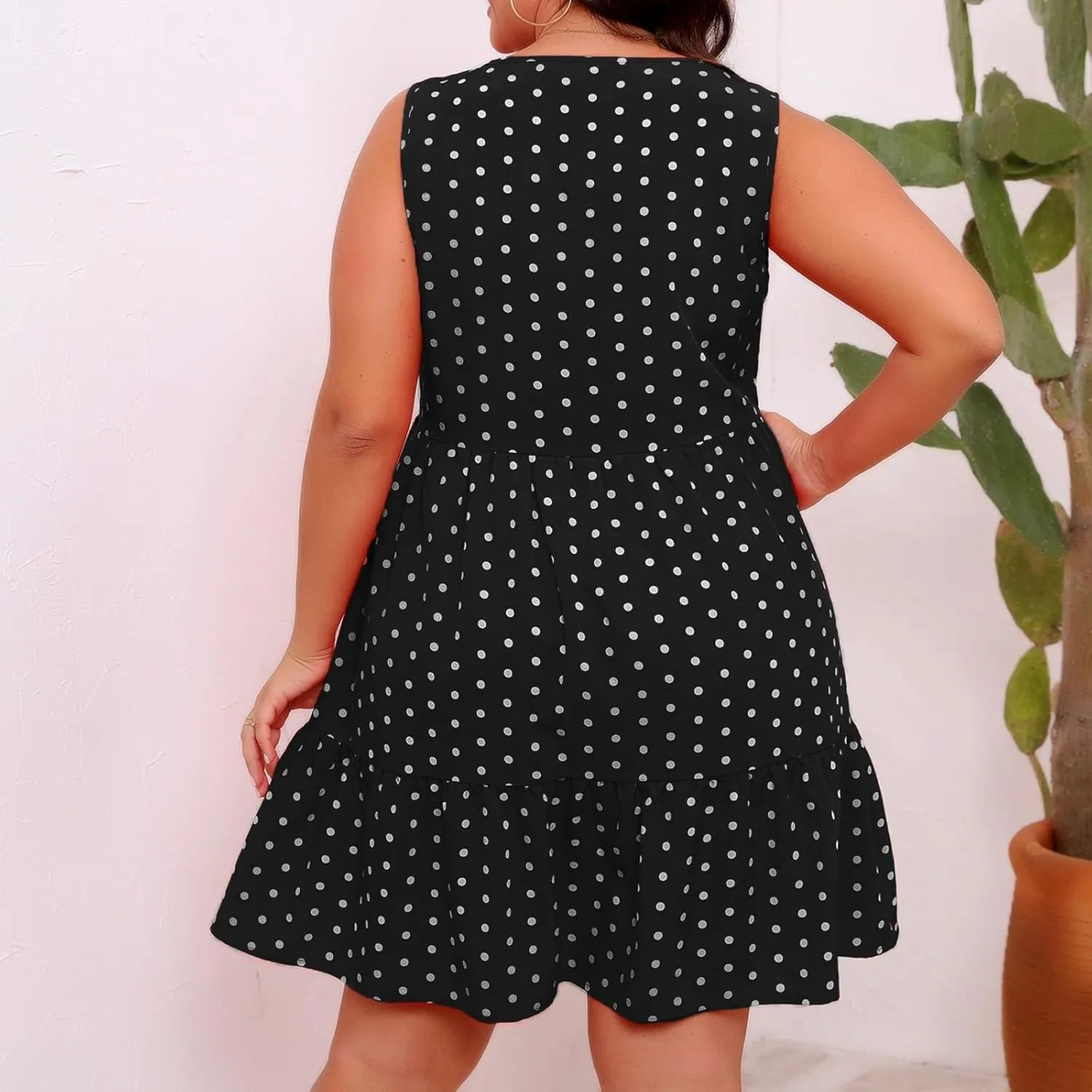 Womens Polka Dots A-Line Tank Dress Summer Sleeveless Crewneck Flowy Sundress Casual Loose Ruffle Hem Mini Dresses