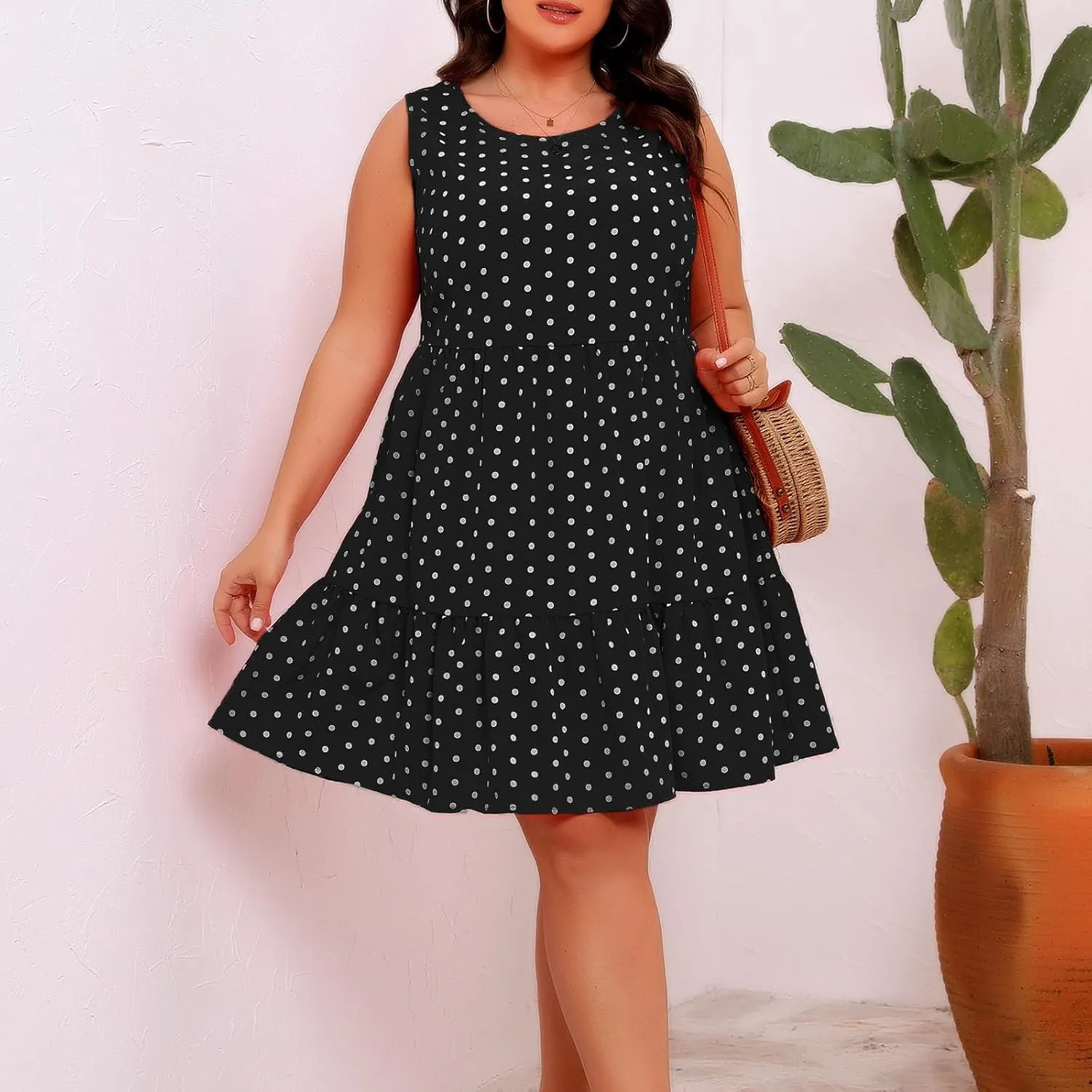 Womens Polka Dots A-Line Tank Dress Summer Sleeveless Crewneck Flowy Sundress Casual Loose Ruffle Hem Mini Dresses