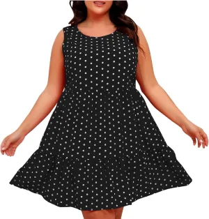 Womens Polka Dots A-Line Tank Dress Summer Sleeveless Crewneck Flowy Sundress Casual Loose Ruffle Hem Mini Dresses