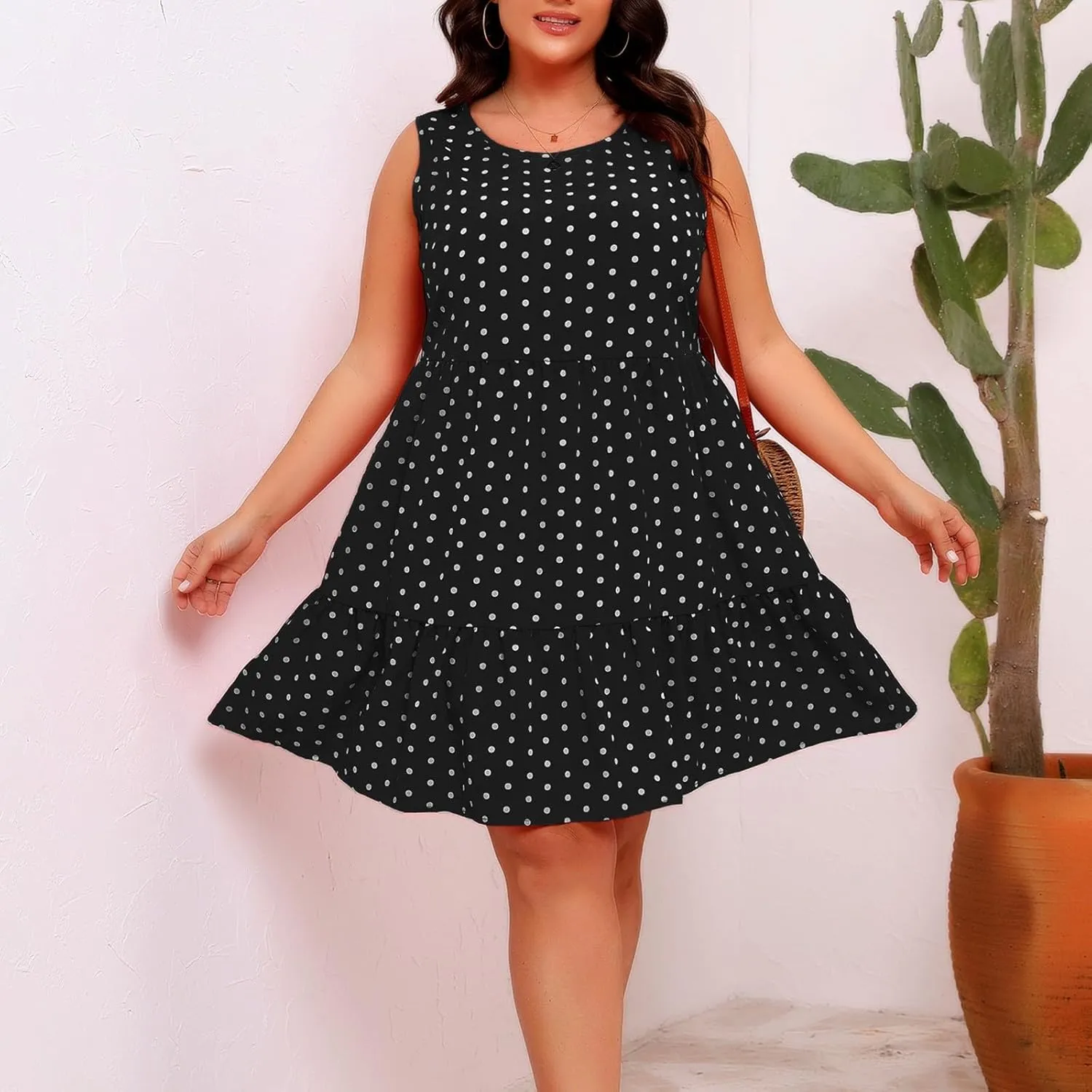 Womens Polka Dots A-Line Tank Dress Summer Sleeveless Crewneck Flowy Sundress Casual Loose Ruffle Hem Mini Dresses