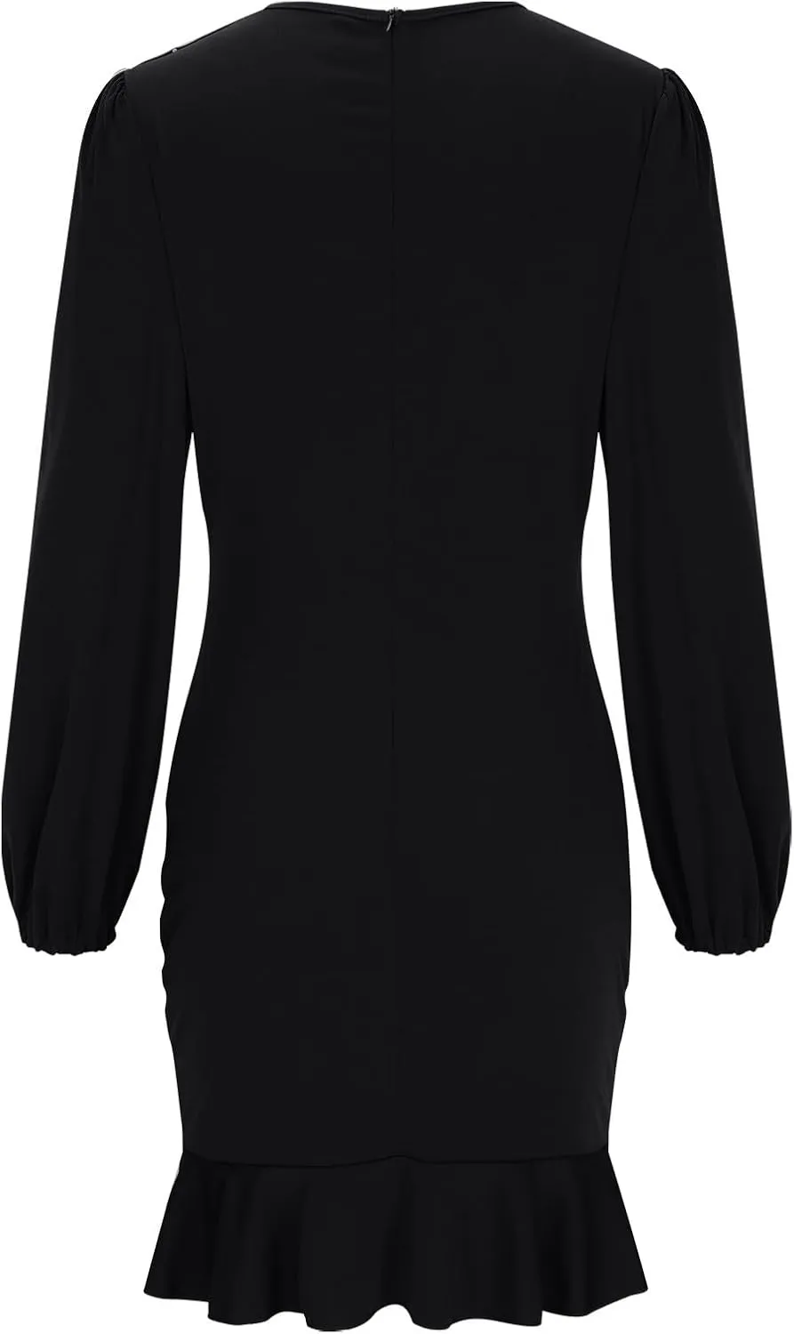 Women's Ruched Bodycon Dress Lantern Long Sleeve Ruffle Pencil Dress Comfy Cocktail Party Wedding Guest Mini Dresses