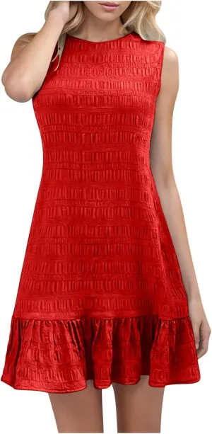 Women's Ruffle Hem Tank Dress Round Neck Sleeveless Casual Smocked Sundress 2025 Summer Trendy Mini Dresses