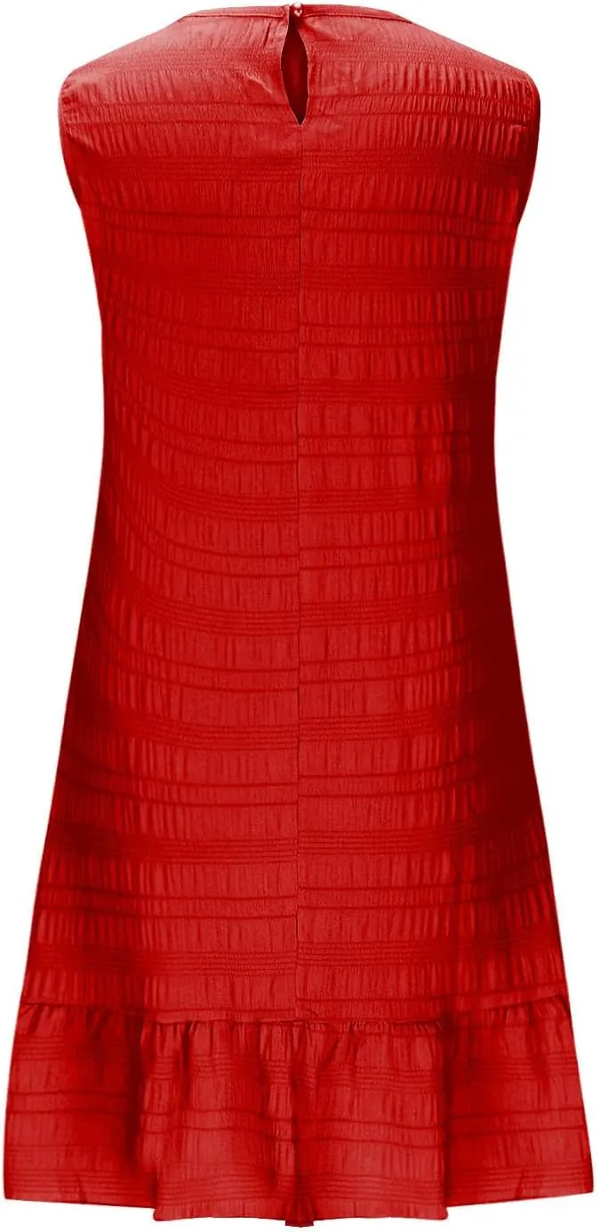 Women's Ruffle Hem Tank Dress Round Neck Sleeveless Casual Smocked Sundress 2025 Summer Trendy Mini Dresses