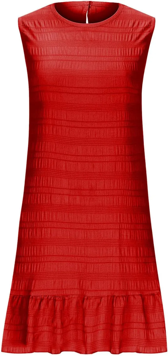 Women's Ruffle Hem Tank Dress Round Neck Sleeveless Casual Smocked Sundress 2025 Summer Trendy Mini Dresses