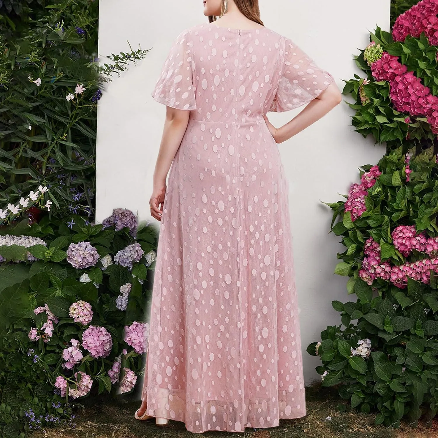 Women's Ruffle Sleeve Chiffon Mother of The Bride Maxi Dress Wrap V Neck Tie Front Polka Dot Long Formal Evening Dresses