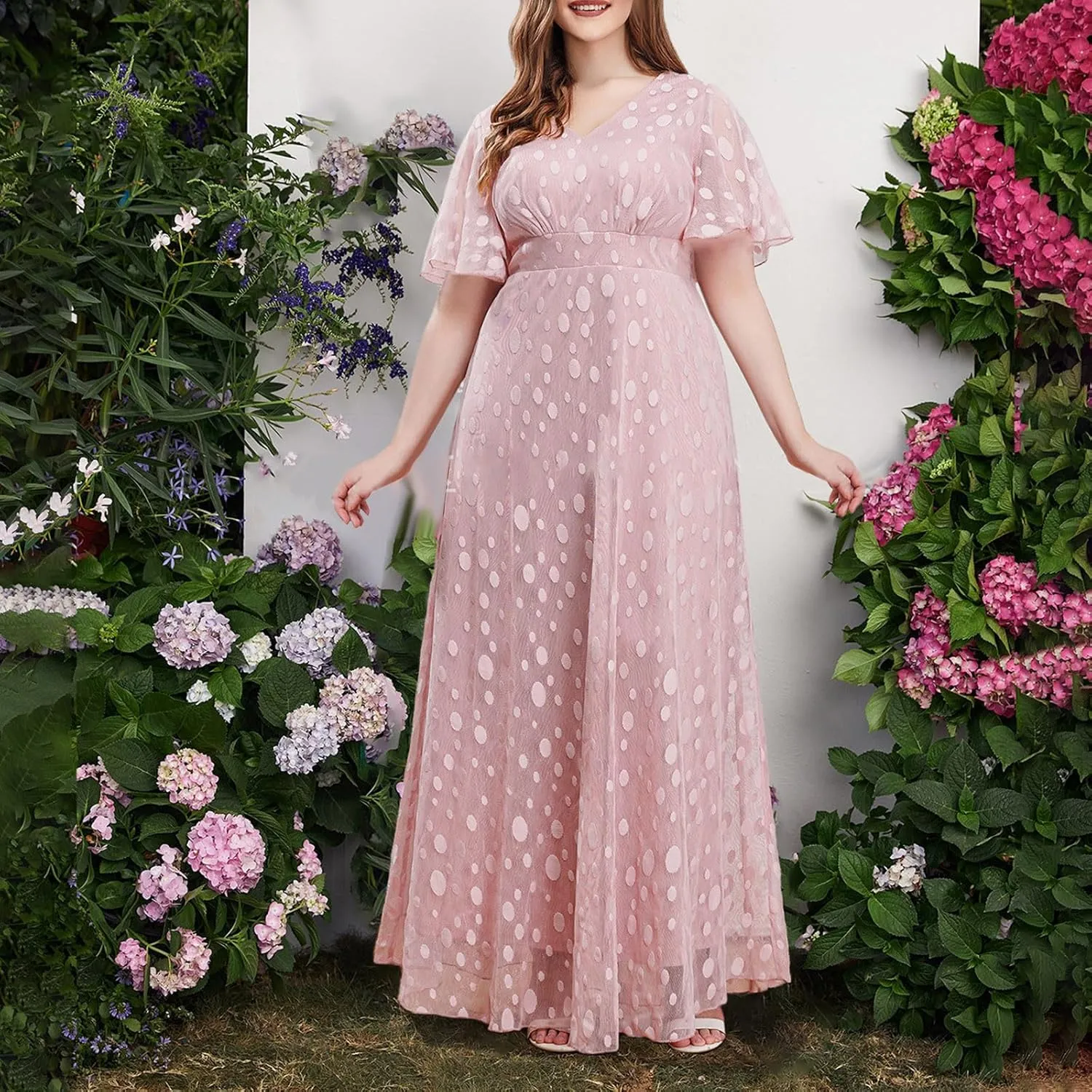 Women's Ruffle Sleeve Chiffon Mother of The Bride Maxi Dress Wrap V Neck Tie Front Polka Dot Long Formal Evening Dresses