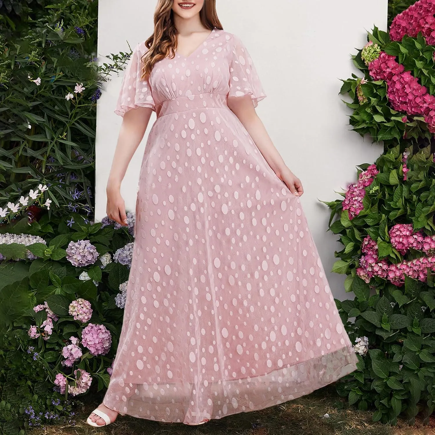 Women's Ruffle Sleeve Chiffon Mother of The Bride Maxi Dress Wrap V Neck Tie Front Polka Dot Long Formal Evening Dresses