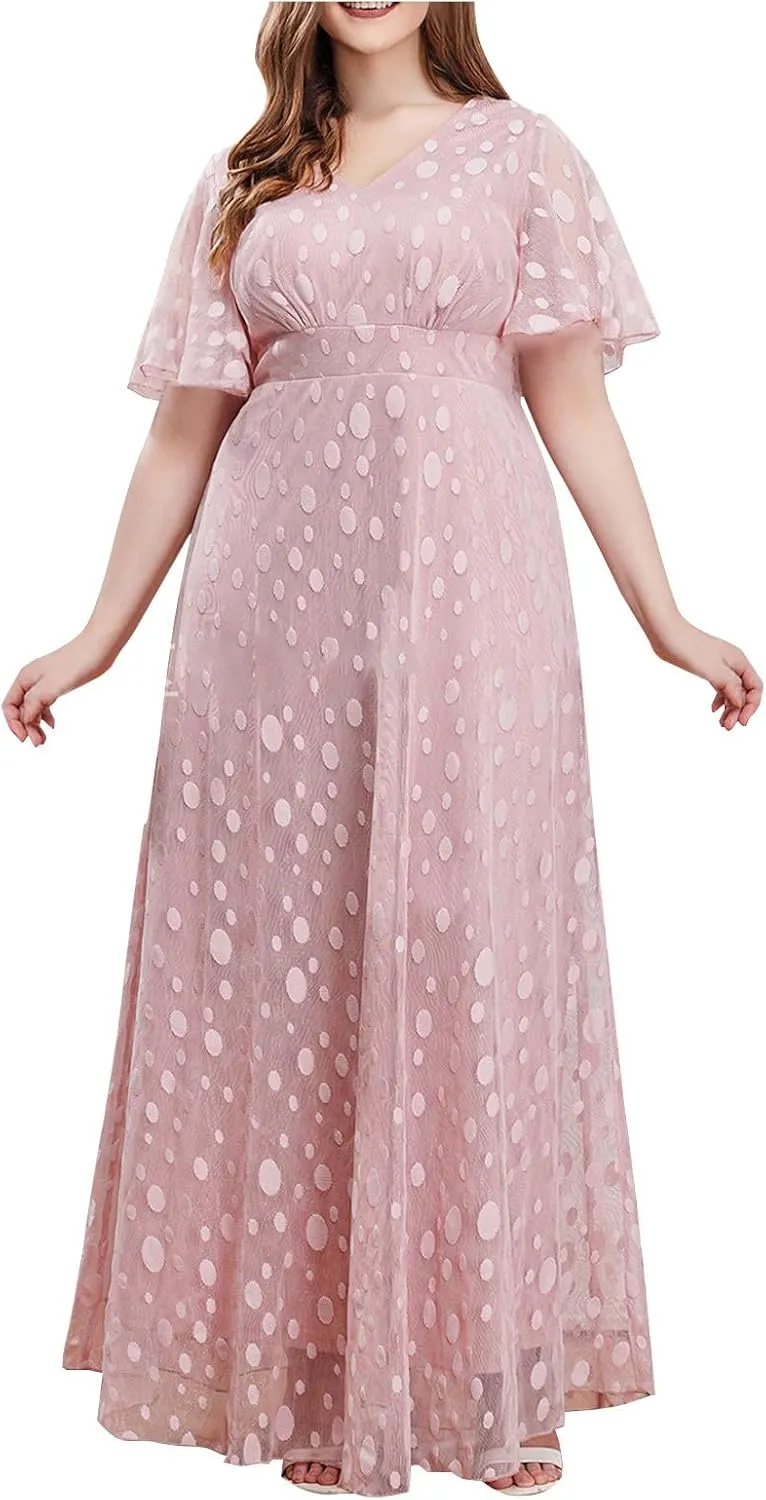 Women's Ruffle Sleeve Chiffon Mother of The Bride Maxi Dress Wrap V Neck Tie Front Polka Dot Long Formal Evening Dresses