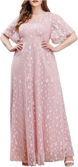 Women's Ruffle Sleeve Chiffon Mother of The Bride Maxi Dress Wrap V Neck Tie Front Polka Dot Long Formal Evening Dresses