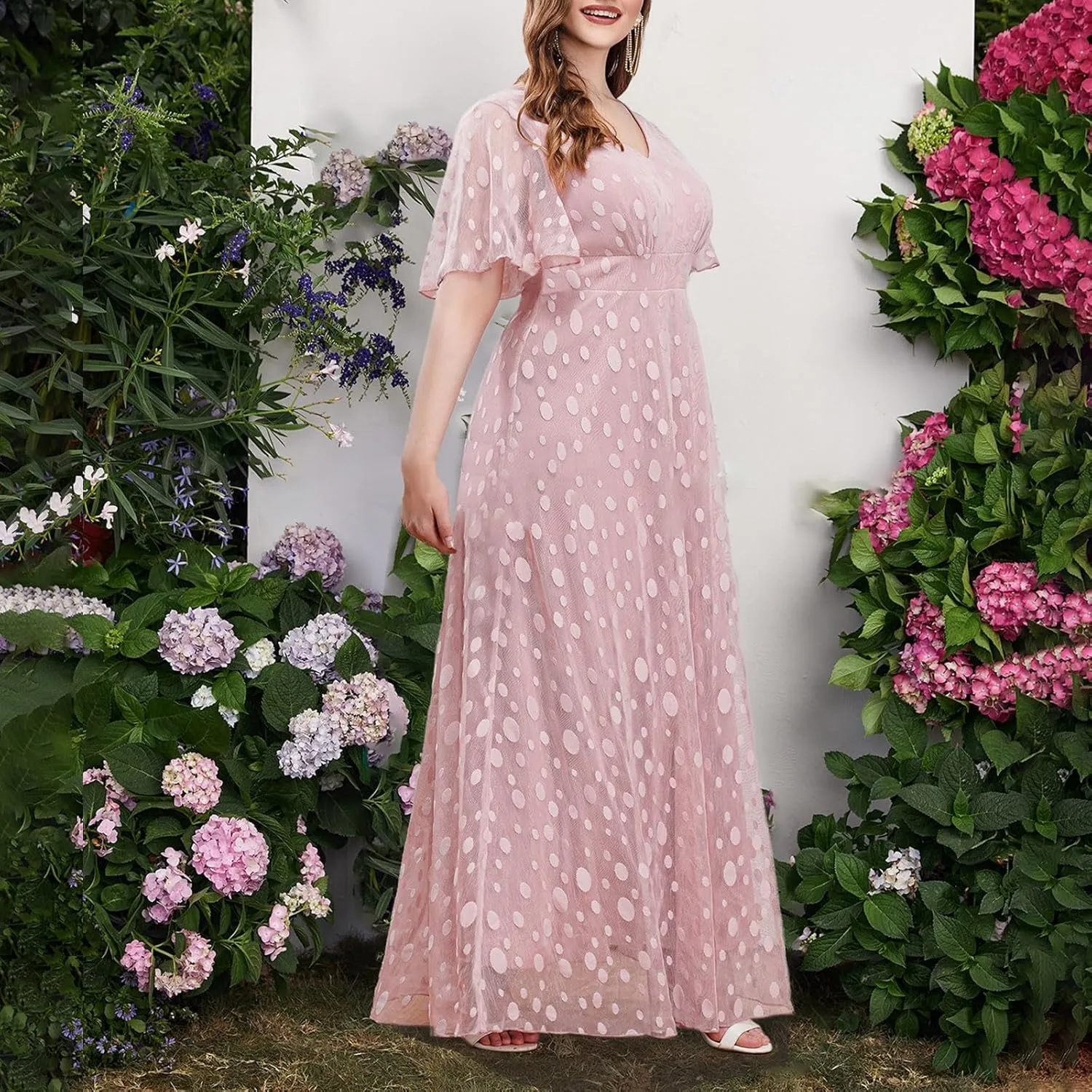 Women's Ruffle Sleeve Chiffon Mother of The Bride Maxi Dress Wrap V Neck Tie Front Polka Dot Long Formal Evening Dresses