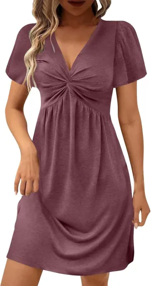 Womens Ruffle Sleeve Layered Mini Dress Smocked Waist Short Dress Boho V Neck Floral Print Cute Summer Dresses