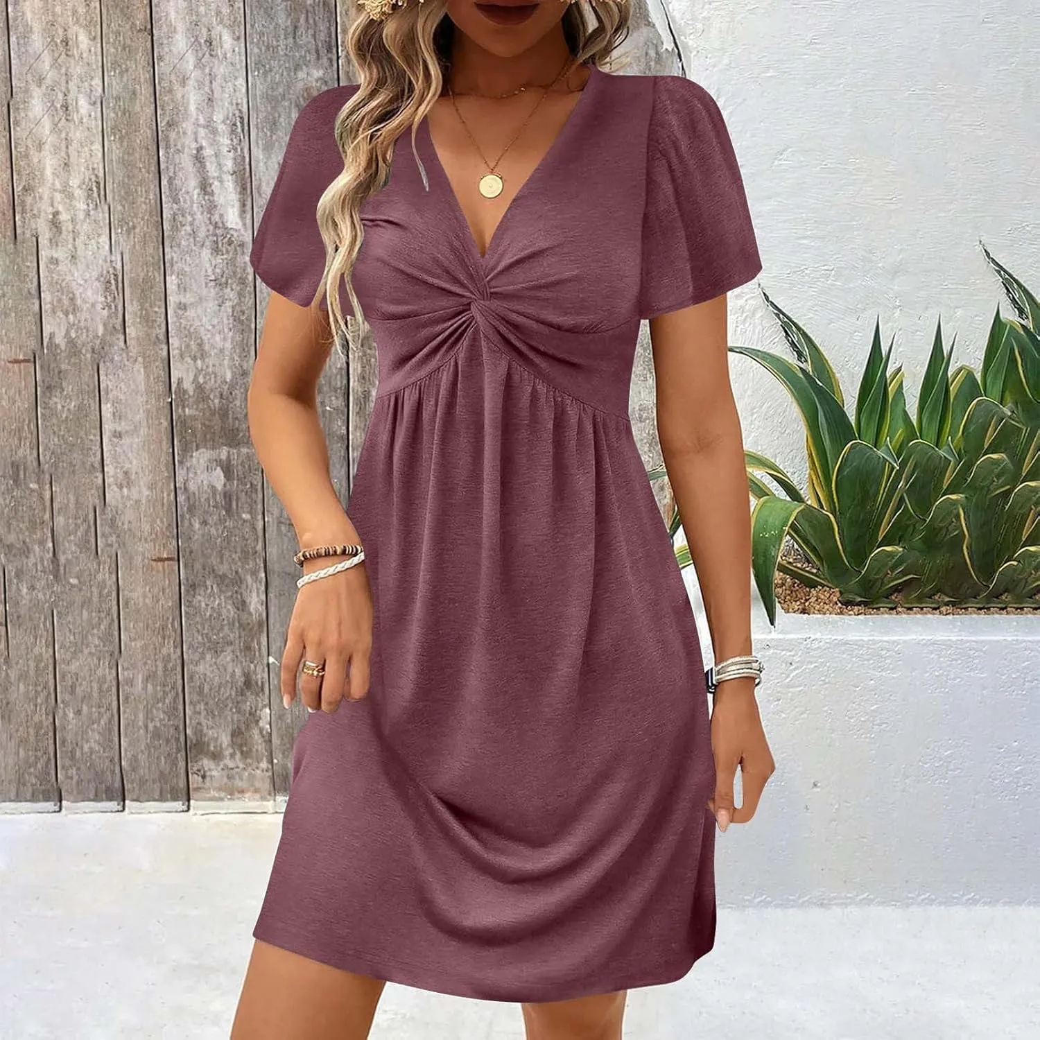 Womens Ruffle Sleeve Layered Mini Dress Smocked Waist Short Dress Boho V Neck Floral Print Cute Summer Dresses