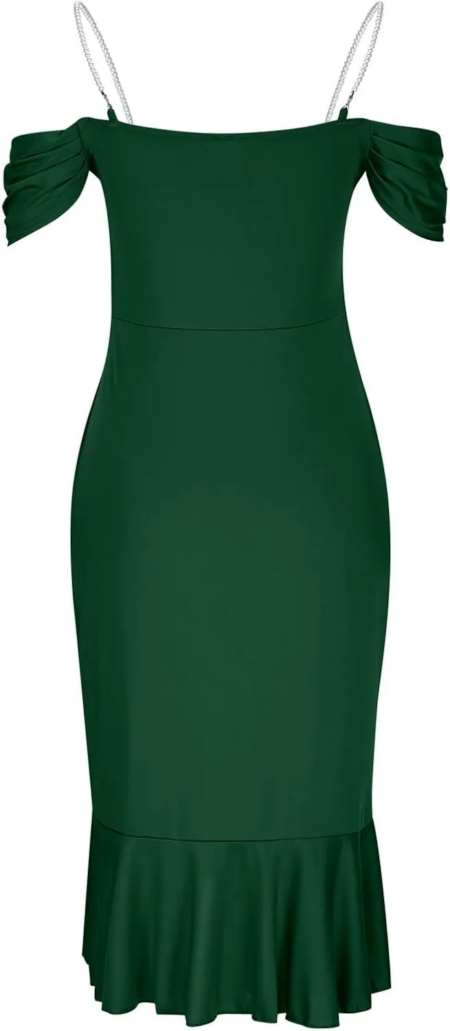 Womens Sexy Evening Party Bodycon Dress Off The Shoulder Pearls Strap Slit Midi Dress Ruffle Hem Cocktail Dresses