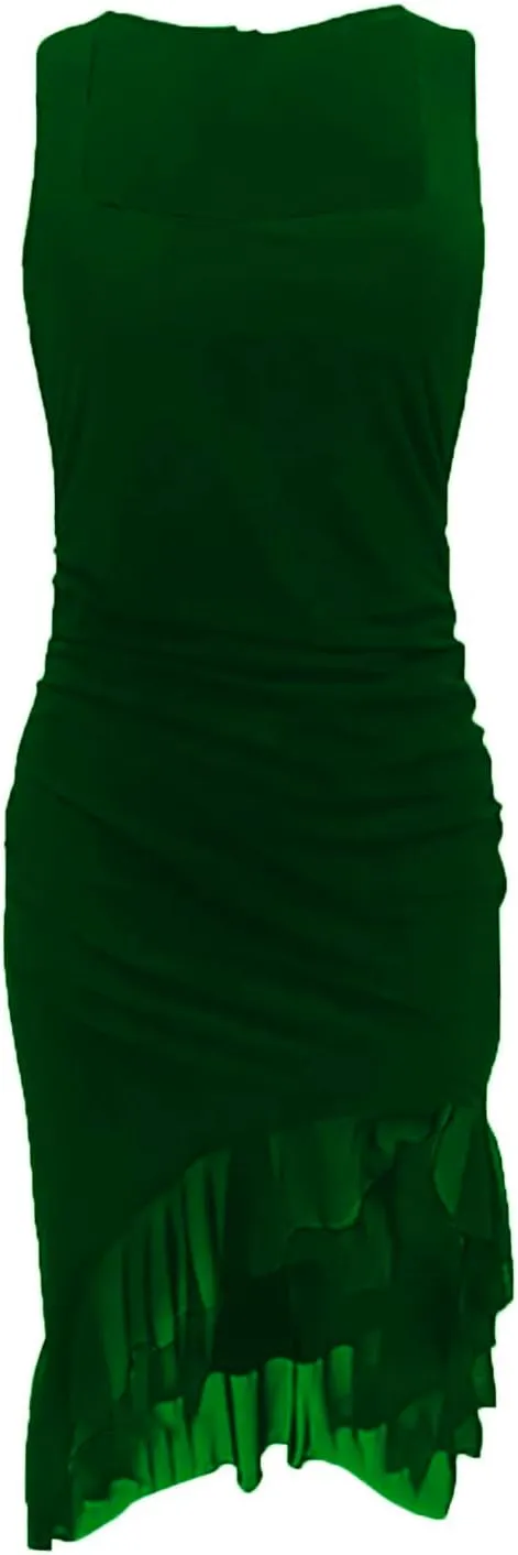 Women's Sexy Ruched Bodycon Midi Dresses Square Neck Sleeveless Side Split Ruffle Hem Cocktail Party Club Dresses