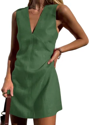 Womens Shirt Dresses Cotton Linen Mini Dress Sleeveless V Neck Tunic Dress Casual Tank Dresses Summer Beach Sundress
