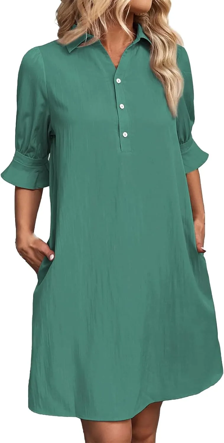 Womens Shirt Dresses Midi Length 3/4 Ruffle Sleeve Summer Dress Button Down Shift Lightweight Sundresses 2025 Trendy