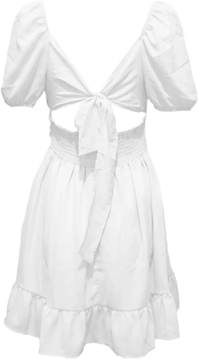 Women's Smocked Ruffle Mini Dresses Long Sleeve Square Neck High Waist Ruffle Hem Flowy Casual Party Dress