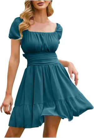 Women's Smocked Ruffle Mini Dresses Long Sleeve Square Neck High Waist Ruffle Hem Flowy Casual Party Dress