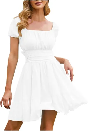 Women's Smocked Ruffle Mini Dresses Long Sleeve Square Neck High Waist Ruffle Hem Flowy Casual Party Dress