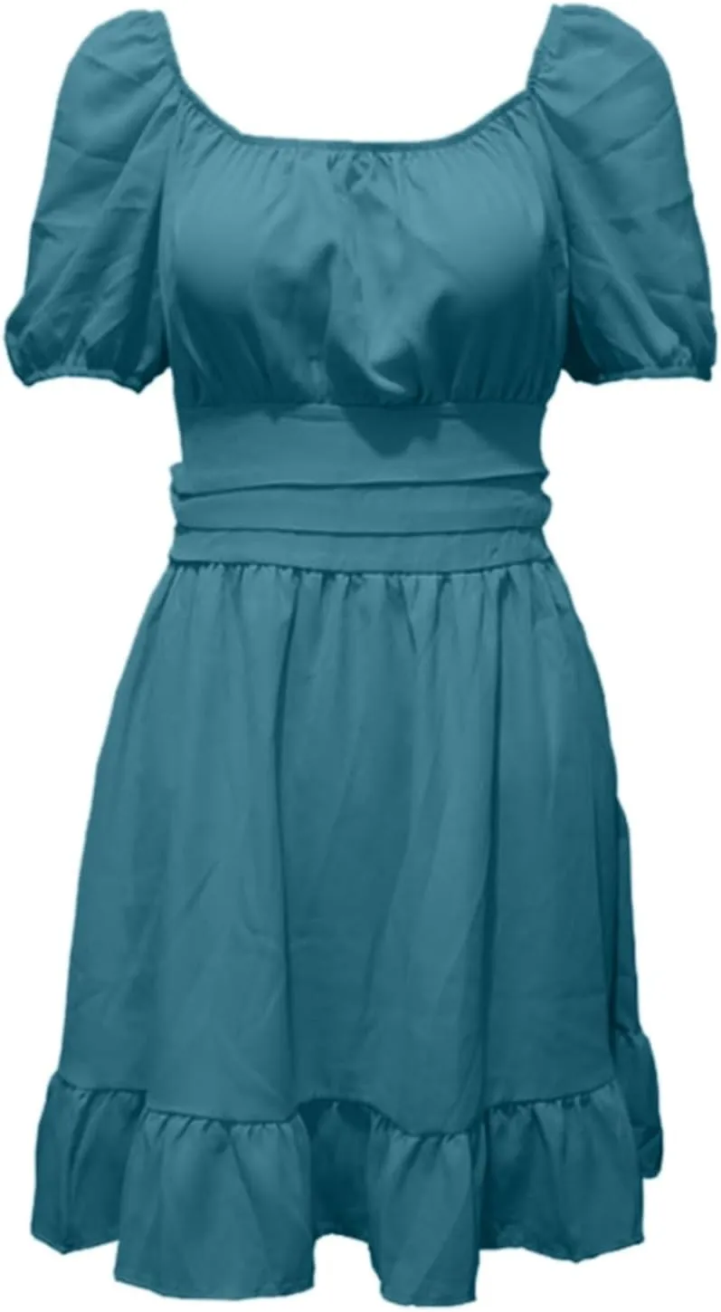 Women's Smocked Ruffle Mini Dresses Long Sleeve Square Neck High Waist Ruffle Hem Flowy Casual Party Dress