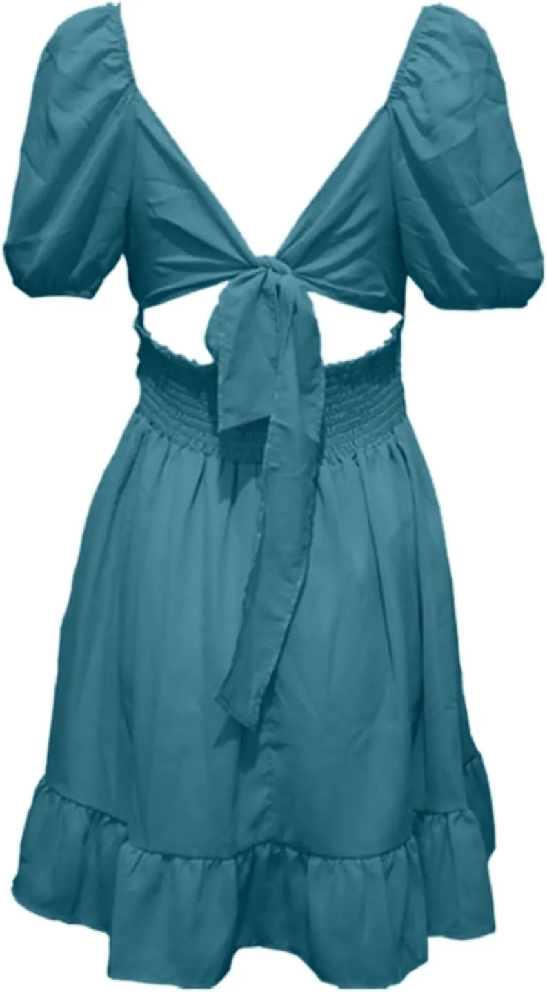 Women's Smocked Ruffle Mini Dresses Long Sleeve Square Neck High Waist Ruffle Hem Flowy Casual Party Dress