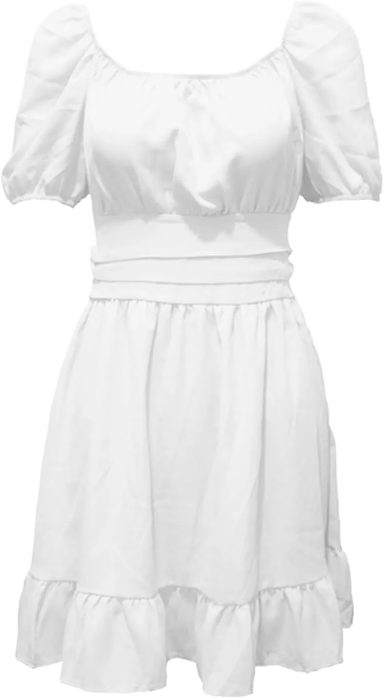 Women's Smocked Ruffle Mini Dresses Long Sleeve Square Neck High Waist Ruffle Hem Flowy Casual Party Dress