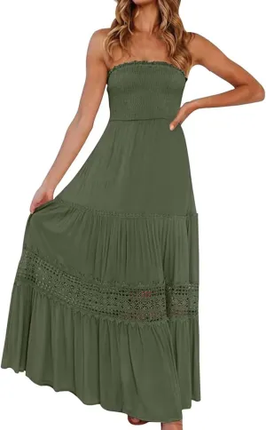 Women's Summer Bohemian Strapless Off Shoulder Lace Trim Backless Flowy A Line Beach Long Maxi Dress Sundresses