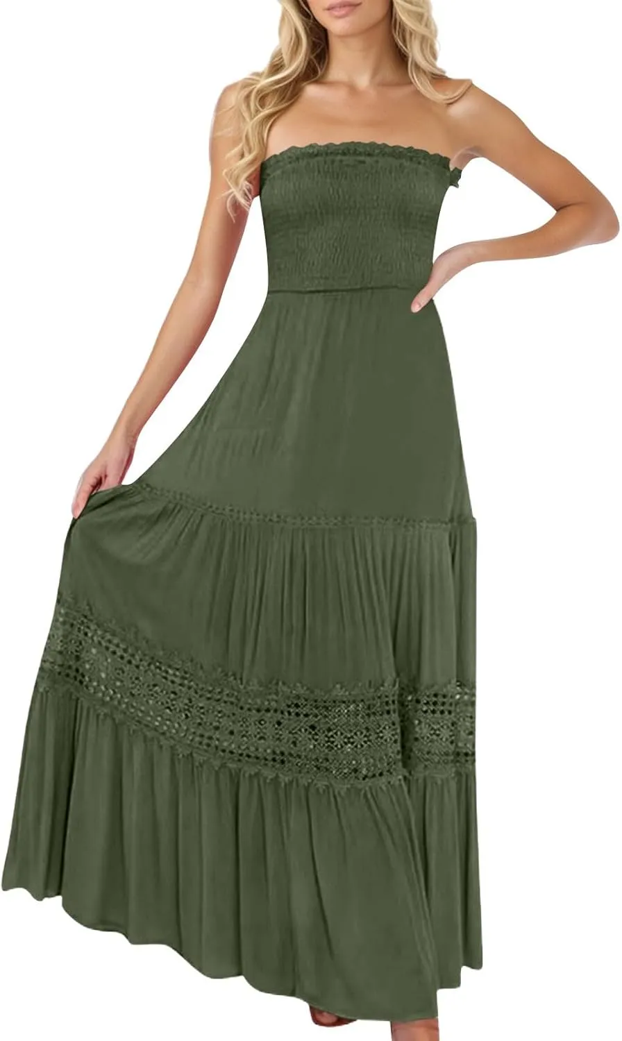 Women's Summer Bohemian Strapless Off Shoulder Lace Trim Backless Flowy A Line Beach Long Maxi Dress Sundresses