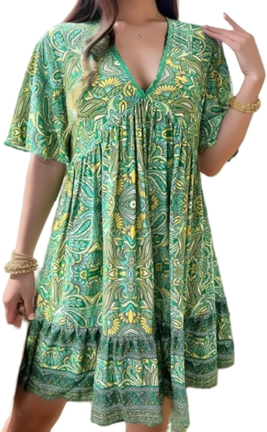 Women's Summer Boho Mini Dress Casual Beach Vacation Sundresses Shorts Sleeves V-Neck Flowy Swing Short Dress