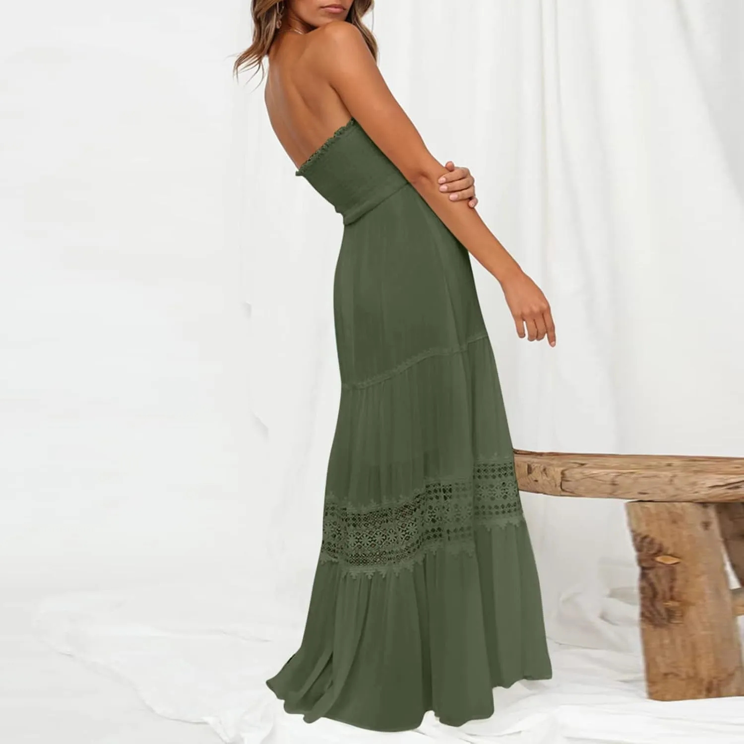 Women's Summer Boho Off Shoulder Sleeveless Bandeua Casual Long Dress Flowy Beach Swing Party Maxi Dress