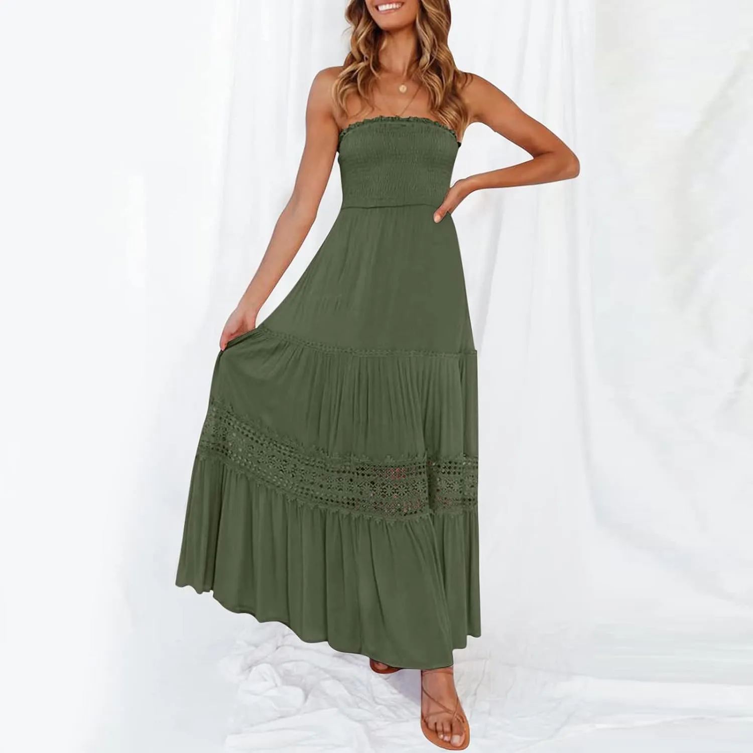 Women's Summer Boho Off Shoulder Sleeveless Bandeua Casual Long Dress Flowy Beach Swing Party Maxi Dress
