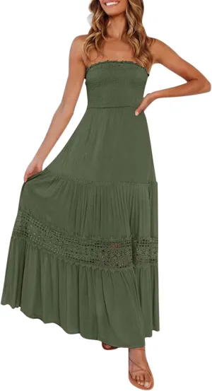 Women's Summer Boho Off Shoulder Sleeveless Bandeua Casual Long Dress Flowy Beach Swing Party Maxi Dress