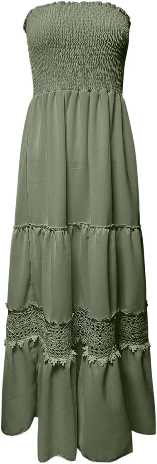 Women's Summer Boho Off Shoulder Sleeveless Bandeua Casual Long Dress Flowy Beach Swing Party Maxi Dress