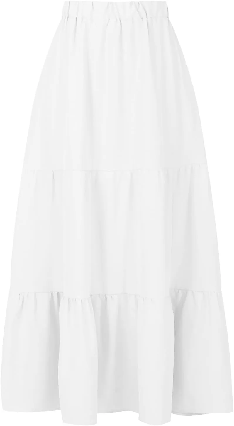 Womens Summer Casual Beach Skirts Elastic Waist Pleated A-Line Flowy Skirt with Pocket Basic Solid Midi Skirt