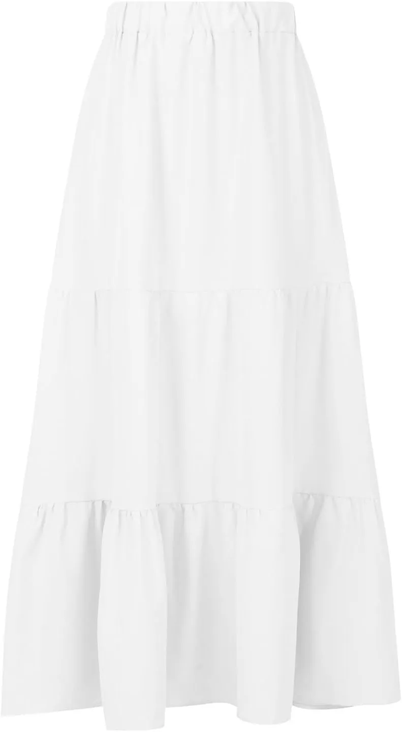Womens Summer Casual Beach Skirts Elastic Waist Pleated A-Line Flowy Skirt with Pocket Basic Solid Midi Skirt