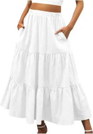 Womens Summer Casual Beach Skirts Elastic Waist Pleated A-Line Flowy Skirt with Pocket Basic Solid Midi Skirt