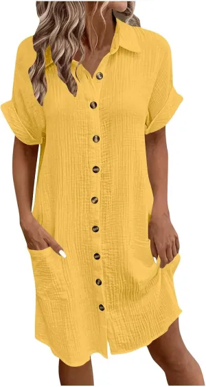 Women's Summer Cotton Shirt Dress Short Sleeves Button Down Knee Length Dresses Casual Loose Mini Dress with Pockets