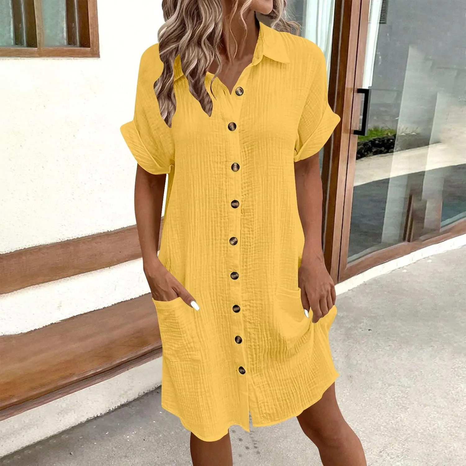Women's Summer Cotton Shirt Dress Short Sleeves Button Down Knee Length Dresses Casual Loose Mini Dress with Pockets